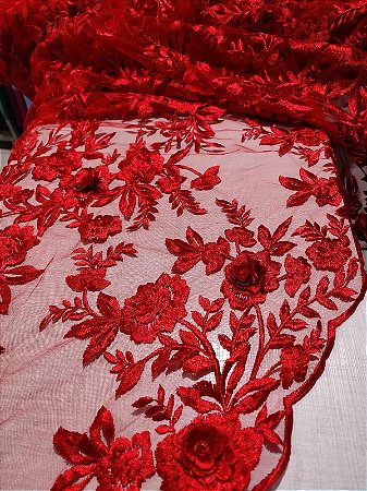 TULE BORDADO 3D - VERMELHO