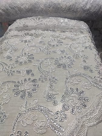 TULE BORDADO COM PAETE PRATA - MARGARIDA