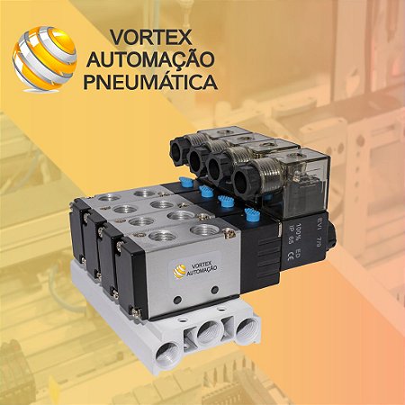 Bloco manifold com 4 Valvulas 5/2 Simples Solenoide de 1/4 - 220v