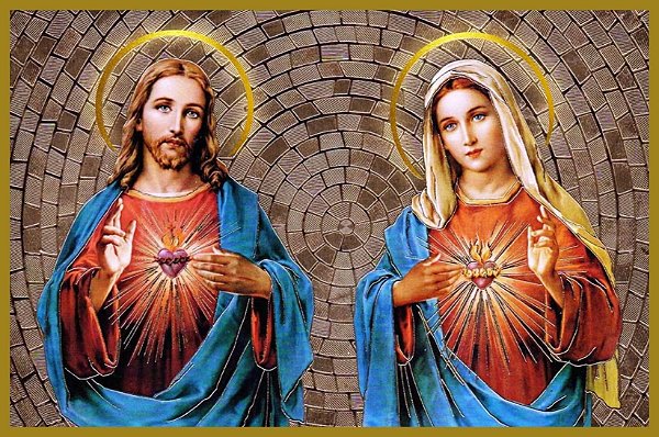 Quadro Religioso Sagrado Coração de Jesus e Maria - auréola dourada