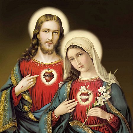 Quadro Sagrado Coração de Jesus e Maria 45x45cm Fundo Preto