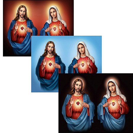 Quadros Sagrado Coração de Jesus e Maria Cores 40x50cm Moldura e Vidro
