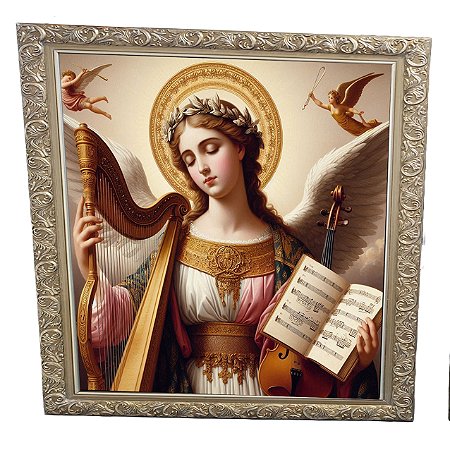 Quadro Santa Cecília Padroeira dos Músicos 45x45cm Tecido Canvas Mold Dourada