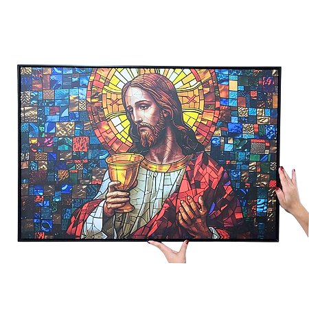 Quadro Jesus Geométrico em Estilo Vitral – Tecido Canvas e Moldura 63x93 cm
