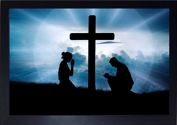 Quadro Religioso Casal e Cruz 30x20cm com Moldura e Vidro