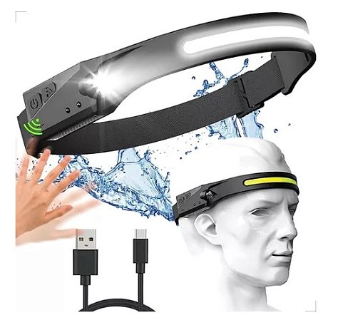 Lanterna De Cabeça Led Cob Recarregável Fita Ajustável Pesca