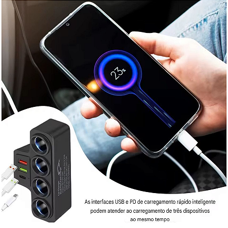 Carregador Automotivo 120W com Carga Rápida Ideal para Viagens, com Múltiplas Saídas de Energia