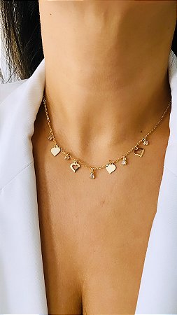 CHOKER CORAÇÕES E ZIRCÔNIAS FOLHEADA