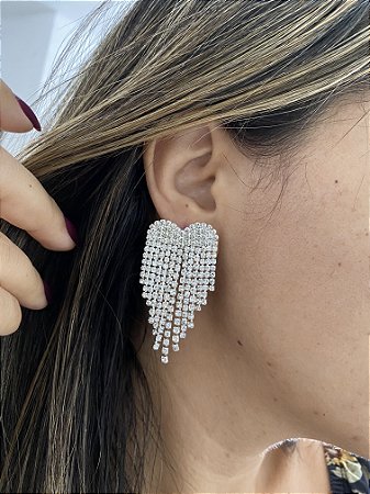 BRINCO STRASS CORAÇÃO FRANJINHA- PRATEADO