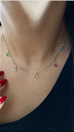 CHOKER ZIRCÔNIAS COLORIDAS- DOURADA