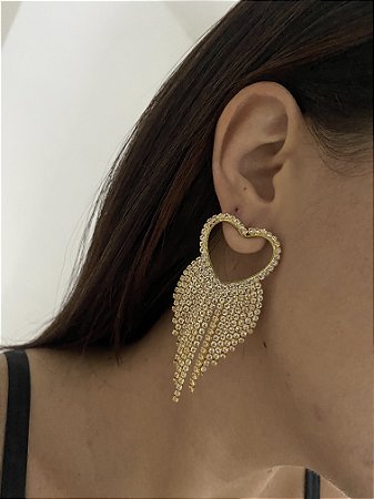 BRINCOS CORAÇÃO STRASS- DOURADO