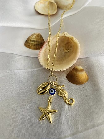 COLAR VERÃO COM PINGENTES: OLHO GREGO, CAVALO MARINHO, ESTRELA E BÚZIO