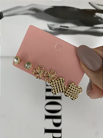 TRIO DE BRINCOS TREVOS+ PONTO DE LUZ- DOURADO