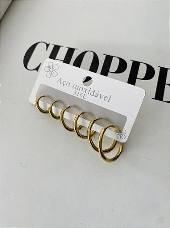 TRIO ARGOLAS AÇO INOX 316L- DOURADA