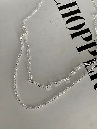 CHOKER DUPLA CORRENTE COM ZIRCÔNIAS- PRATEADO