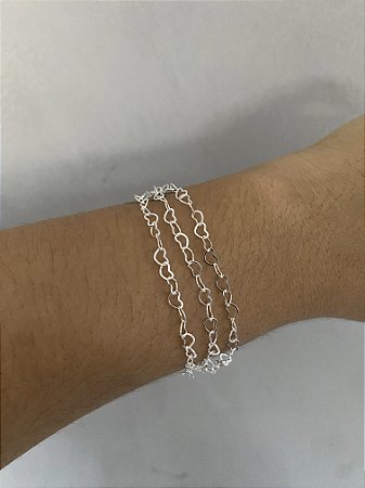 PULSEIRA 3 CORRENTES CORAÇÕES- PRATEADAS