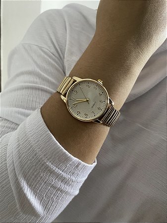 Relógio Analógico Feminino Elástico Dourado