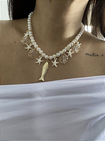 COLAR PÉROLAS, PEIXE E CONCHAS