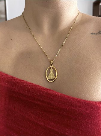 COLAR NOSSA SENHORA EM AÇO INOX- DOURADO