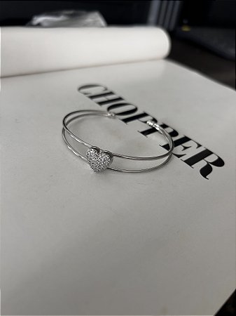 BRACELETE DUPLO- CORAÇÃO CRAVEJADO- PRATEADO