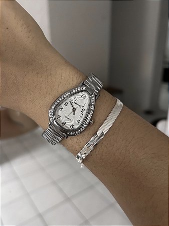 RELÓGIO CABEÇA DE COBRA COM STRASS- PRATEADO