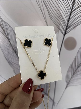 CONJUNTO TREVO PRETO- AÇO INOXIDÁVEL