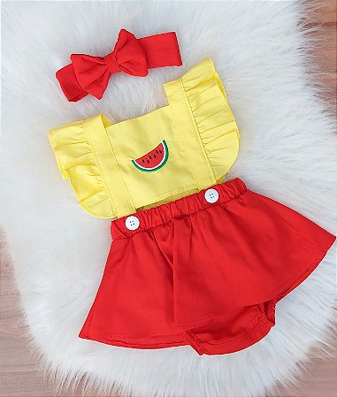 Romper Salopete Melancia Frutas Com Tiara