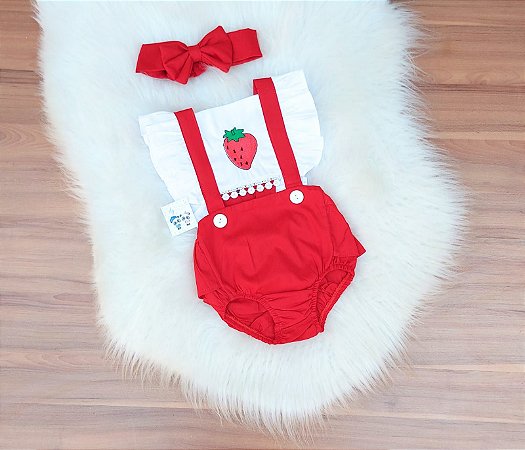 Romper Morango Bordado Com Tiara