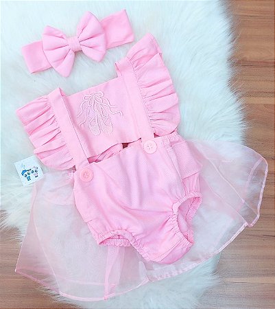 Jardineira Body Romper Bebe Bailarina Mesvesario Com Tiara