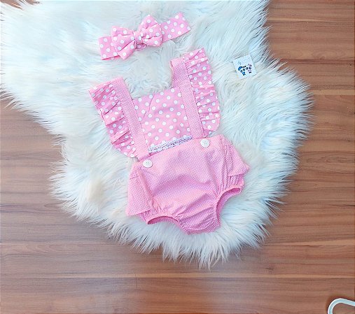 Jardineira Romper Bebe Menina Rosa