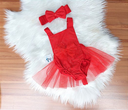 Jardineira Romper Bebe Menina Natal C/ Tule e Tiara Mesversario