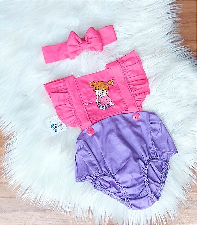 Jardineira Romper Bebe Menina Boo Monstros SA C/ Tiara Mesversario