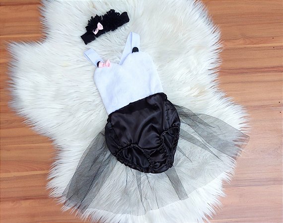Romper Panda Com Tiara Pompom