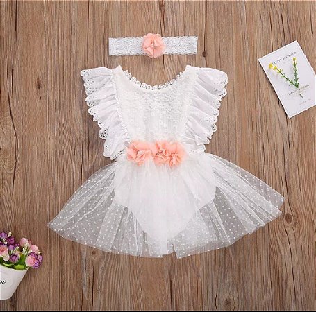 Romper Branco Rendado Com Tiara