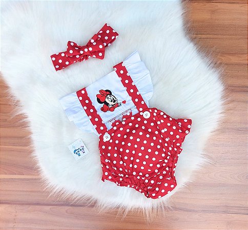 Romper Salopete Minnie Bordada C/ Tiara