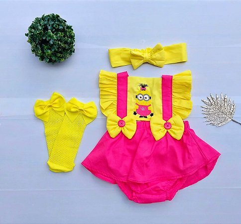 Romper  Minnions Menina Com Tiara ( Não acompanha meia)