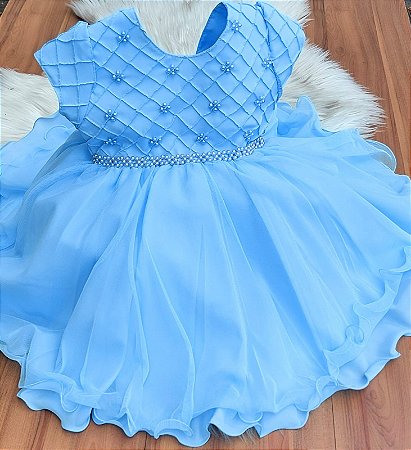 Vestido Azul Luxo Com Cinto Perolado