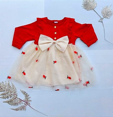 Vestido fest apresentação menina vermelho creme bordado
