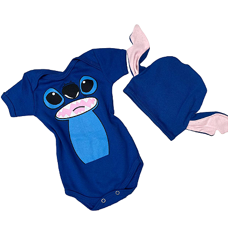 Stitch Lilo Body Infantil Temático Bebê - Com Touca