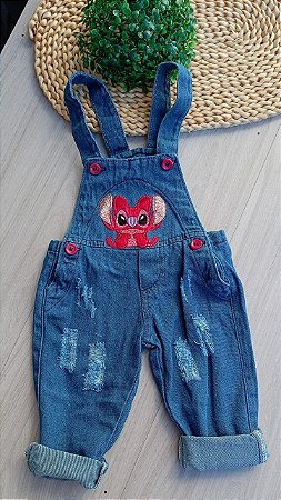 Jardineira jeans menina longa tema stitch