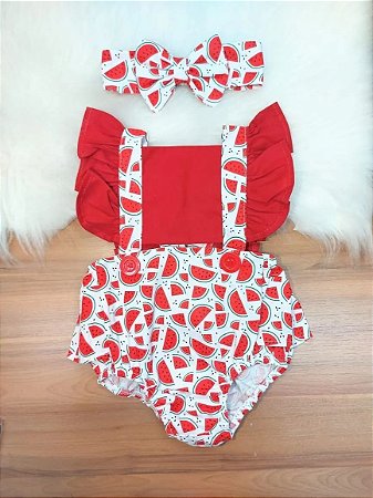 Jardineira Romper Bebe Menina Melancia Magali C Tiara Mesver