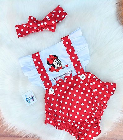 Jardineira Body Romper Bebe Menina Minnie Vermelha C Tiara