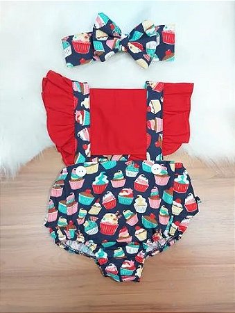 Jardineira Body Romper Bebe Menina Cupkcake