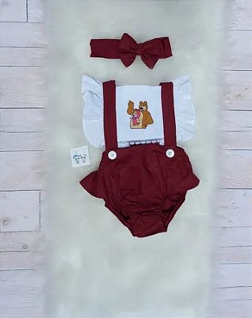 Jardineira Fantas Romper Bebe Marsha E Urso Bordado C Tiara