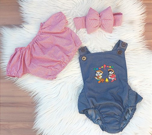 Conjunto 3 Pçs Romper, Ciganinha, Tiara Menina Xadrez  Vermelho Junino