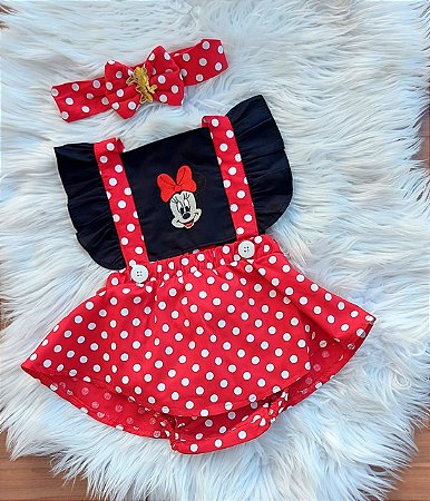 Jardineira Body Romper Bebe Minnie Minie Vermelho Com Laço