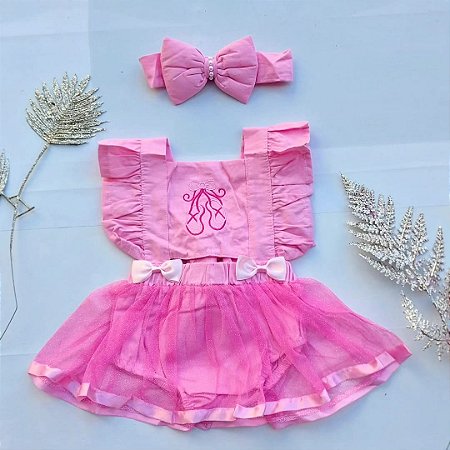 Jardineira Body Romper Bebe Bailarina Mesvesario Com Tiara