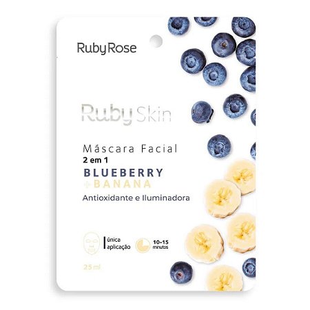 MÁSCARA FACIAL DE TECIDO BLUEBERRY E BANANA SKIN - ANTIOXIDANTE E ILUMINADORA - RUBY ROSE