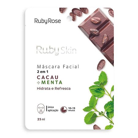 MÁSCARA FACIAL DE TECIDO CACAU E MENTA SKIN 2 EM 1 - HIDRATA E REFRESCA - RUBY ROSE