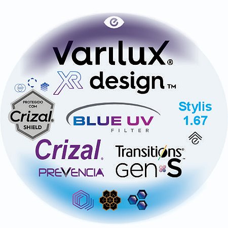 Varilux XR Design Stylis 1.67 Blue Uv Crizal Prevencia Transitions